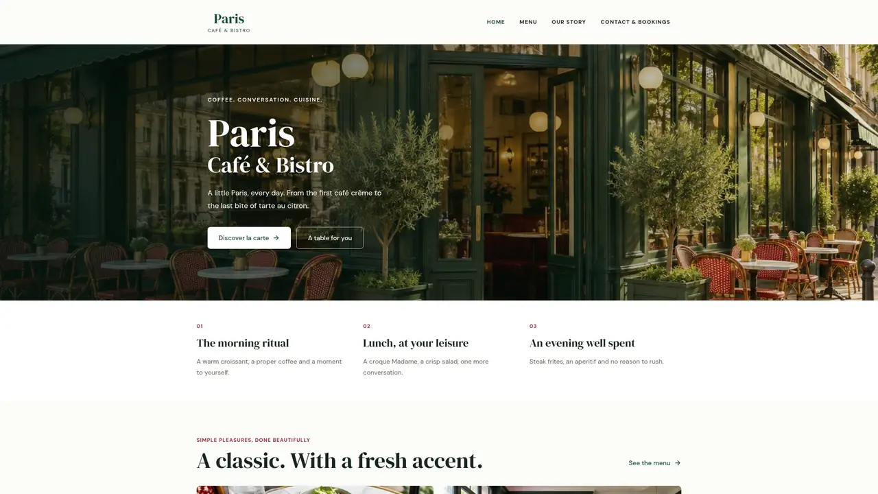 Live demo website for Paris Café, a café & bistro